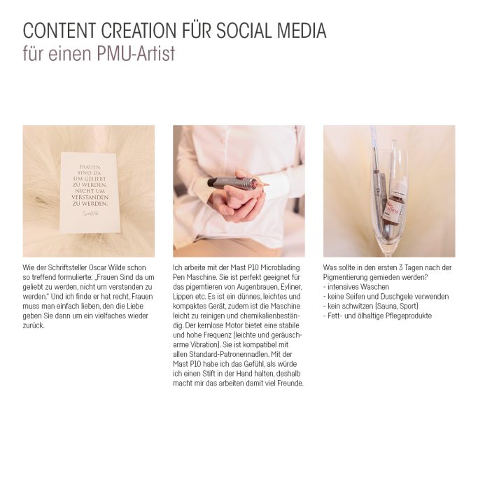 Drei Abschnitte über Content-Erstellung für Social Media mit Text und Bildern für einen PMU-Artist.