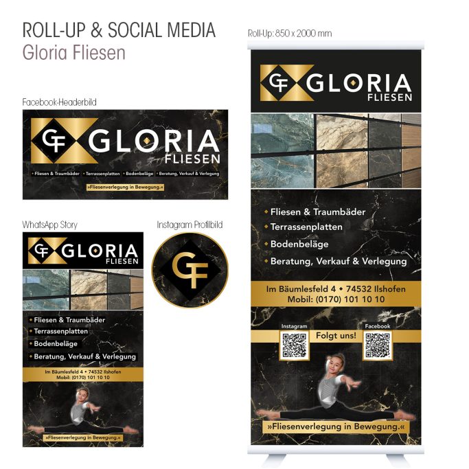 Gestaltetes Roll-Up und Content für Social-Media für Gloria Fliesen.