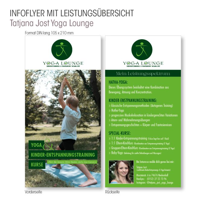 Gestalteter Infoflyer mit Leistungsübersicht für Tatjana Jost Yoga Lounge.