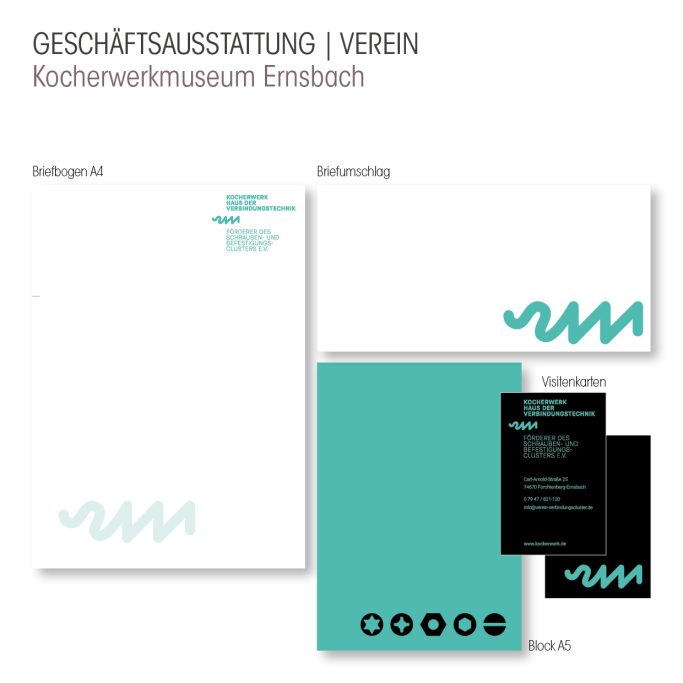 Gestalteter Biefbogen, Briefumschlag, Block und Visitenkarten für das Kocherwerkmuseum in Ernsbach (Verein).