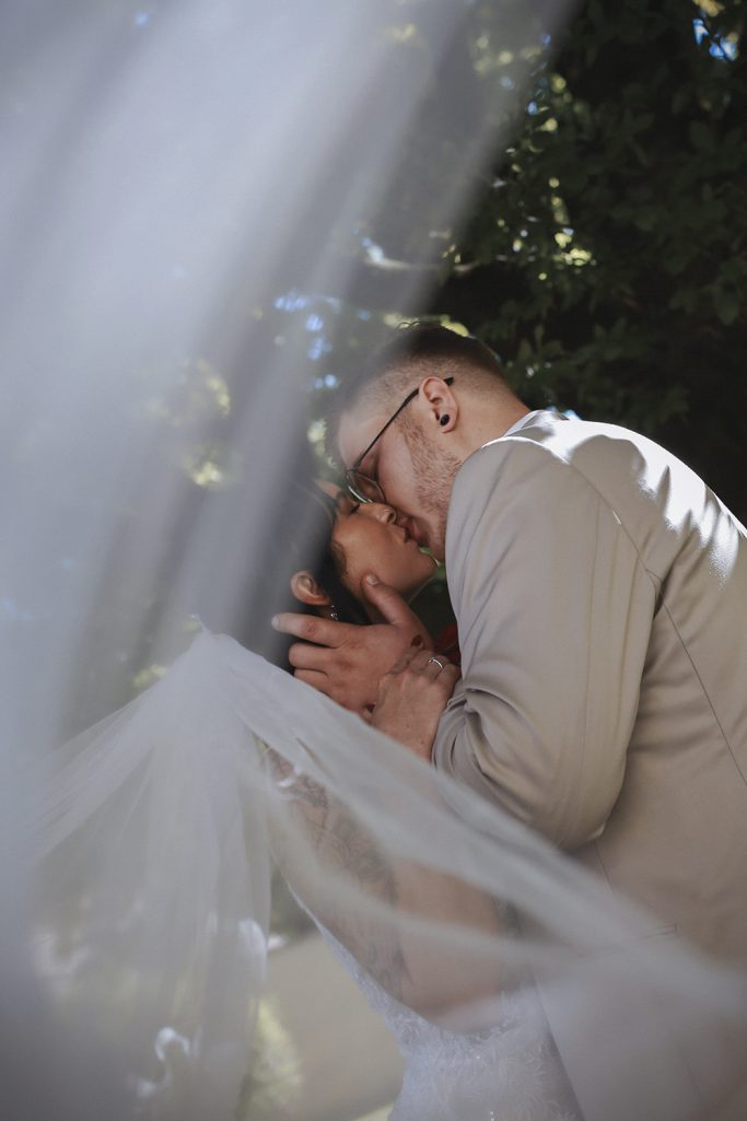 Ein Brautpaar küsst sich romantisch unter einem Schleier und einem Baum.