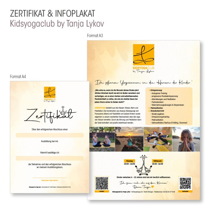 Gestaltetes Zertifikat und Infoplakat für Kidsyogaclub by Tanja Lykov.