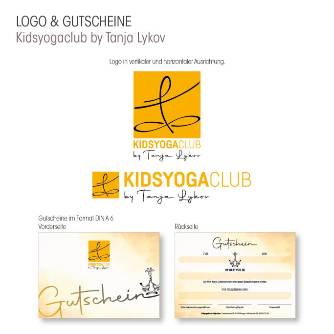 Gestaltetes Logo und Gutscheine für Kidsyogaclub by Tanja Lykov.