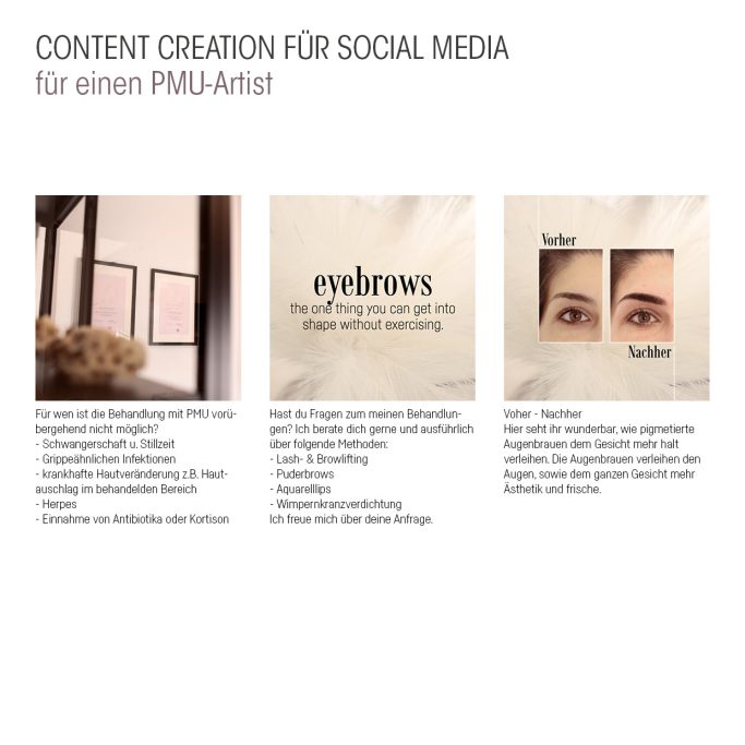 Drei Abschnitte über Content-Erstellung für Social Media mit Text und Bildern für einen PMU-Artist.