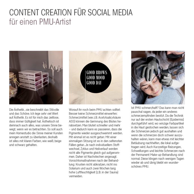 Drei Abschnitte über Content-Erstellung für Social Media mit Text und Bildern für einen PMU-Artist.
