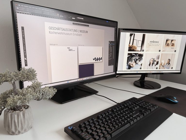 Zwei Computerbildschirme auf einem Schreibtisch mit einer Tastatur und einer Pflanze.