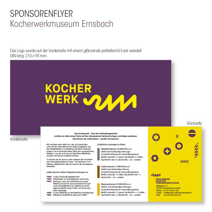 Gestalteter Sponsorenflyer mit Vorder- und Rückseite für das Kocherwerkmuseum in Ernsbach.