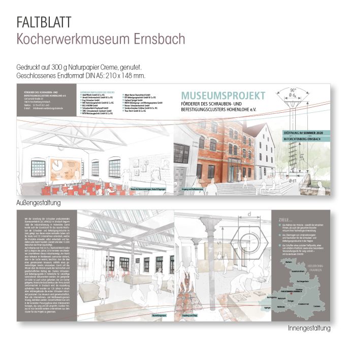 Gestaltetes Faltblatt mit Außen- und Innengestaltung für das Kocherwerkmuseum in Ernsbach.
