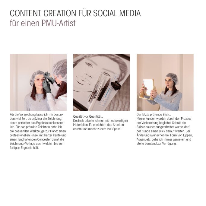Drei Abschnitte über Content-Erstellung für Social Media mit Text und Bildern für einen PMU-Artist.