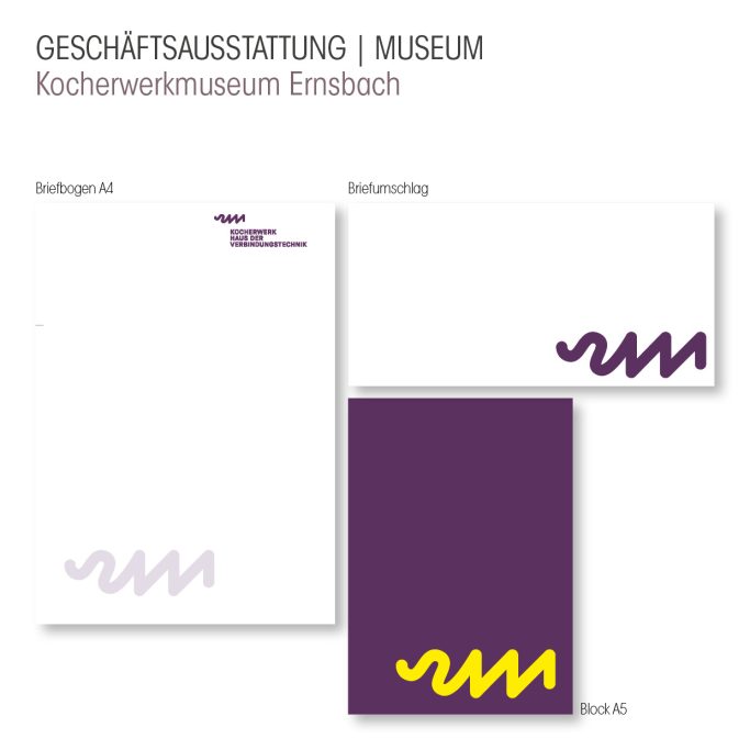 Gestalteter Biefbogen, Briefumschlag und Block für das Kocherwerkmuseum in Ernsbach (Museum).